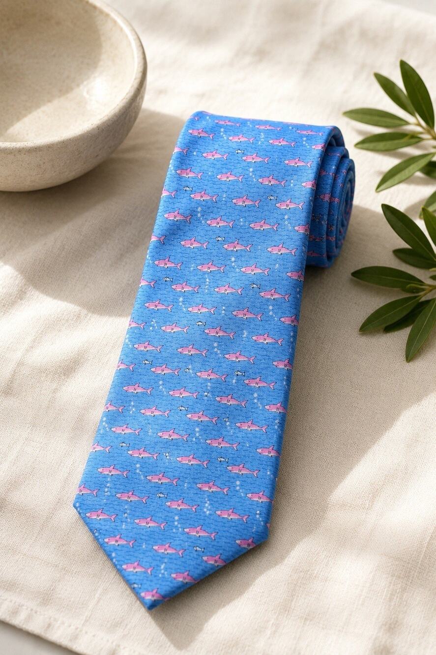 Tommy Hilfiger Men Silk Necktie Pink Blue Whale Fish Novelty Print Animal Preppy
